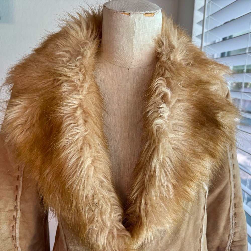 Guess Tan Leather Jacket with Plush Faux Fur Collar